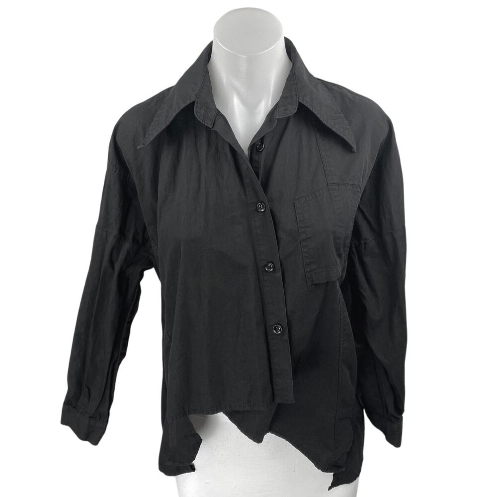 Amves Women's Black Asymmetric Button Down Long Sleeve Blouse Shirt Top Size S